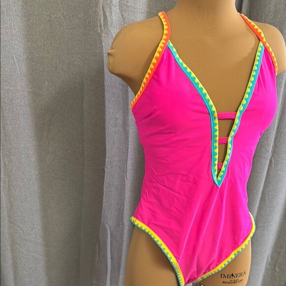 POPVIL Vibrant Pink One-Piece Swimsuit with Colorful Trim - Picture 3 of 10